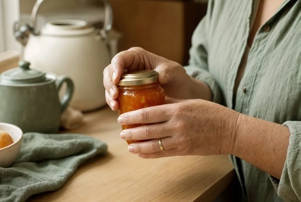 A woman’s hands holding a glass jar of homemade jam on a wooden kitchen bench in warm morning light