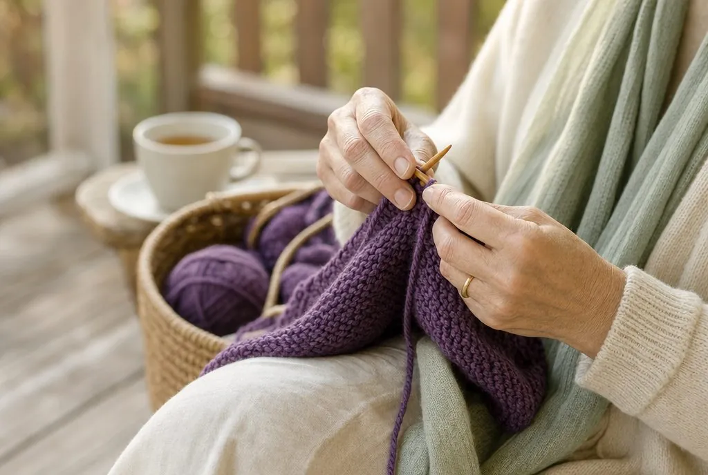 Older hands knitting with purple wool in soft afternoon light on a verandah