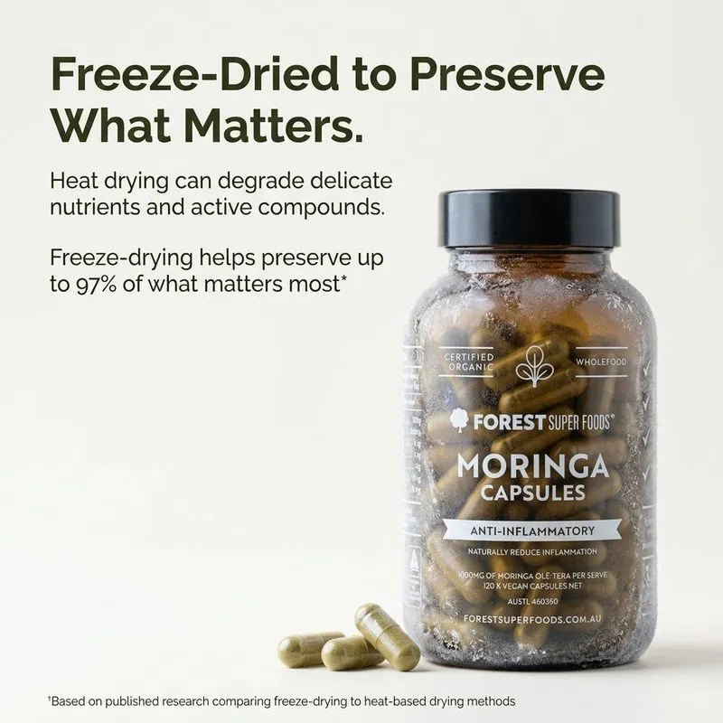 A frosted jar of Forest Super Foods Moringa capsules illustrating the freeze-drying process