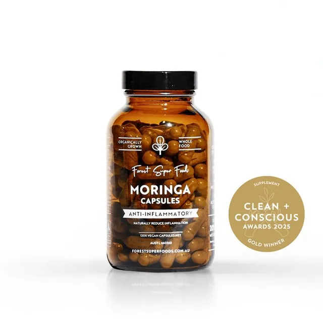 Forest Super Foods Organic Moringa Capsules jar with Clean and Conscious Awards 2025 Gold Winner badge