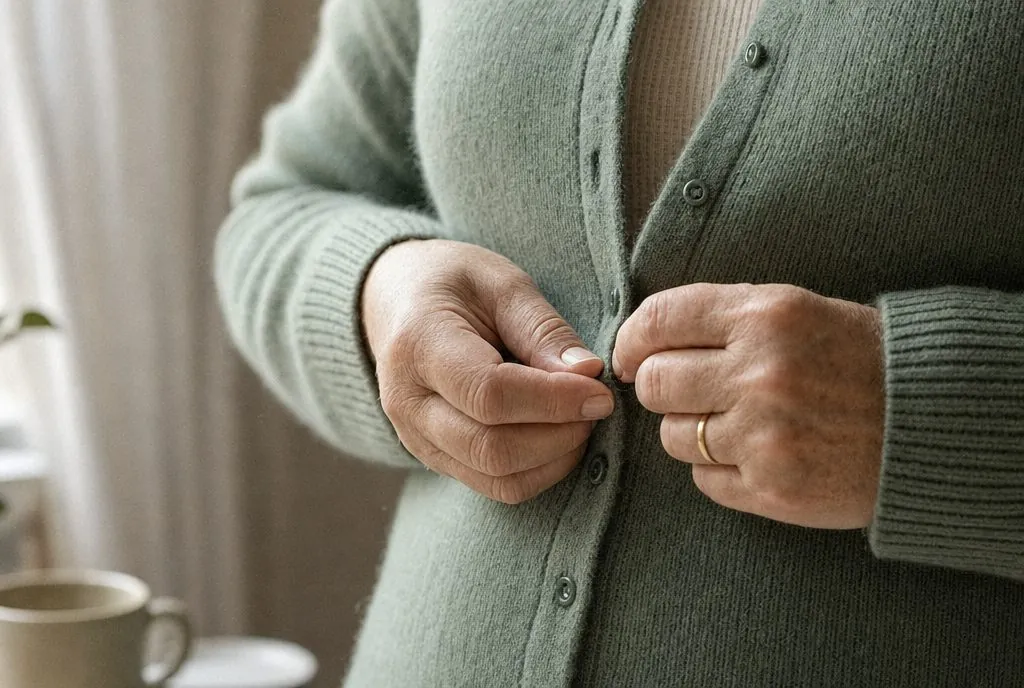 Close-up of an older woman’s hands fastening the small buttons of a sage-green cardigan