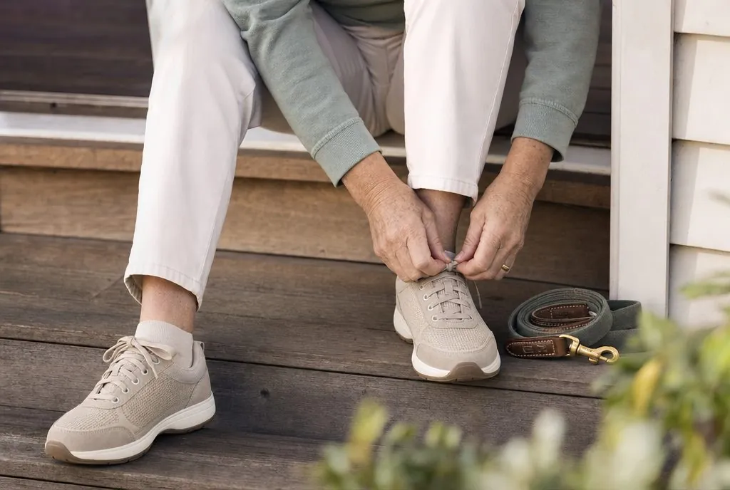A woman in her 60s tying the laces of beige walking shoes on a verandah step, a dog lead beside her