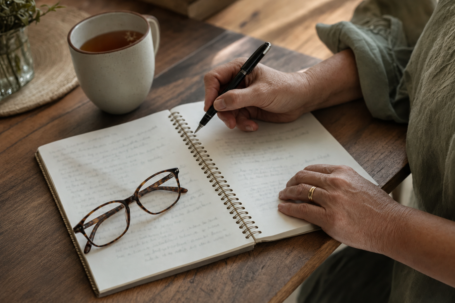 A woman’s hands writing notes in a spiral notebook beside reading glasses and a mug of tea on a wooden table
